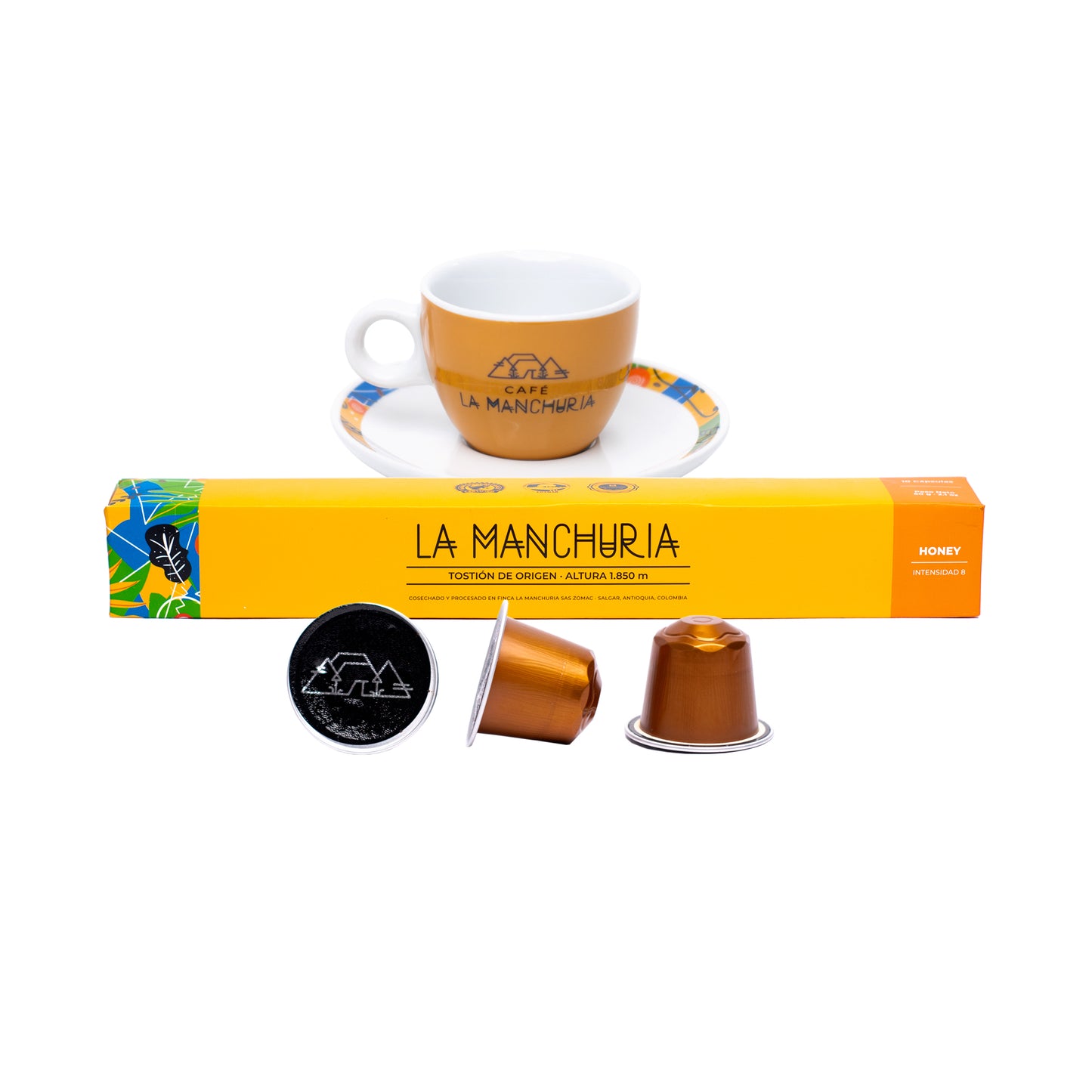 Cápsulas Espresso Honey + Juego de taza y plato