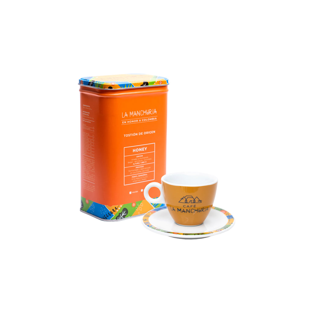 CAJA METÁLICA CAFÉ HONEY + JUEGO DE TAZA Y PLATO